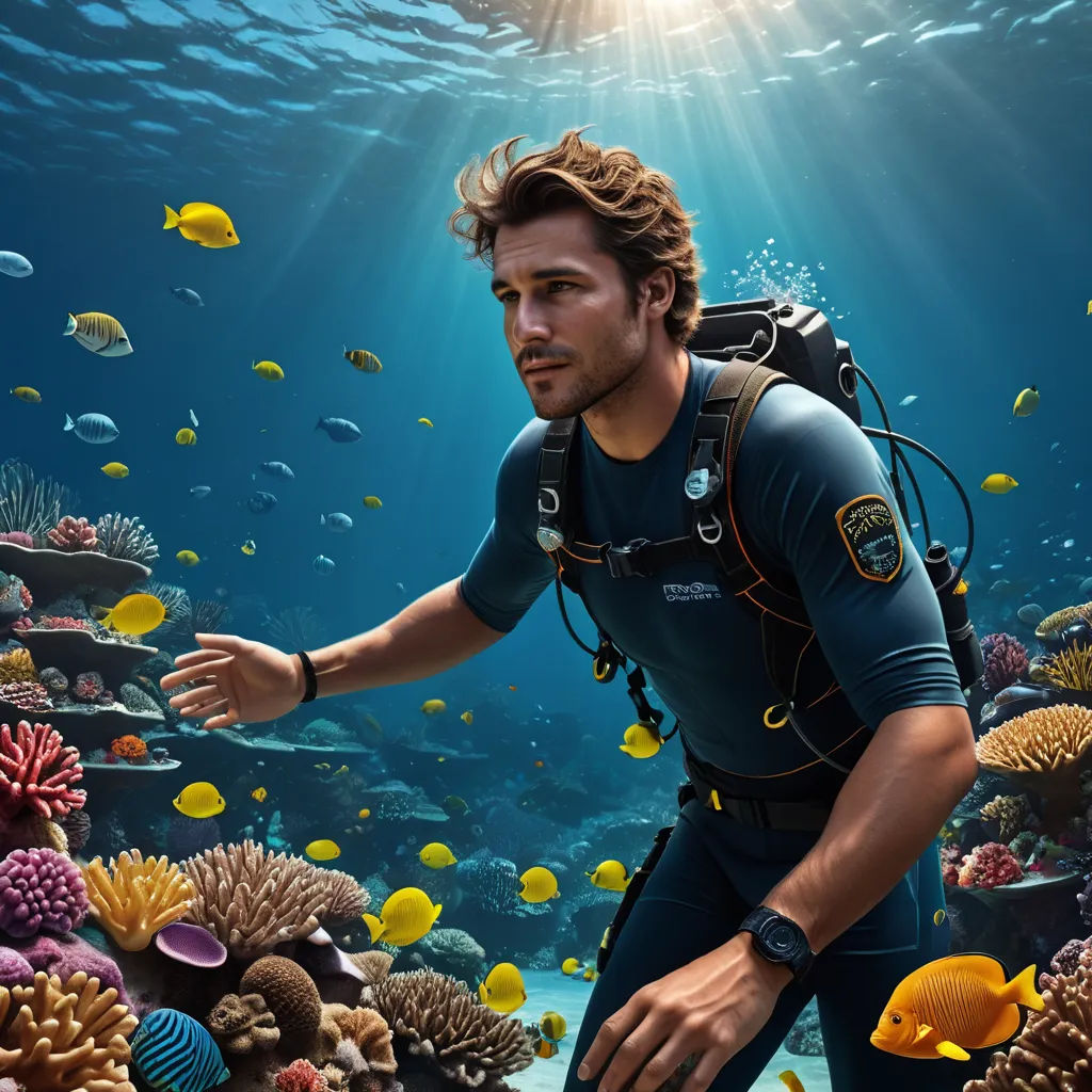 a man in a diving suit is looking at a fish in the water with a scuba mask on and a backpack on his back, photorealism, computer graphics, Cliff Childs, promotional image