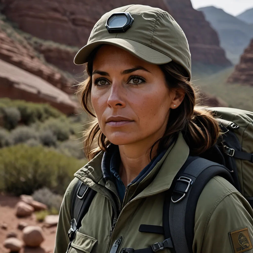 a woman in a green jacket and hat with a backpack on her back and mountains in the background with rocks, naturalism, a character portrait, Ada Hill Walker, promotional image