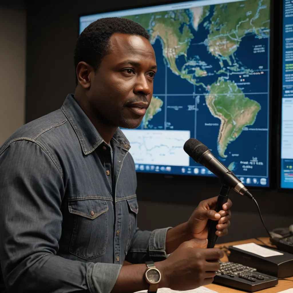a man is speaking into a microphone in front of a computer screen and a map of the world on the wall, serial art, a screenshot, Dave Arredondo, promotional image