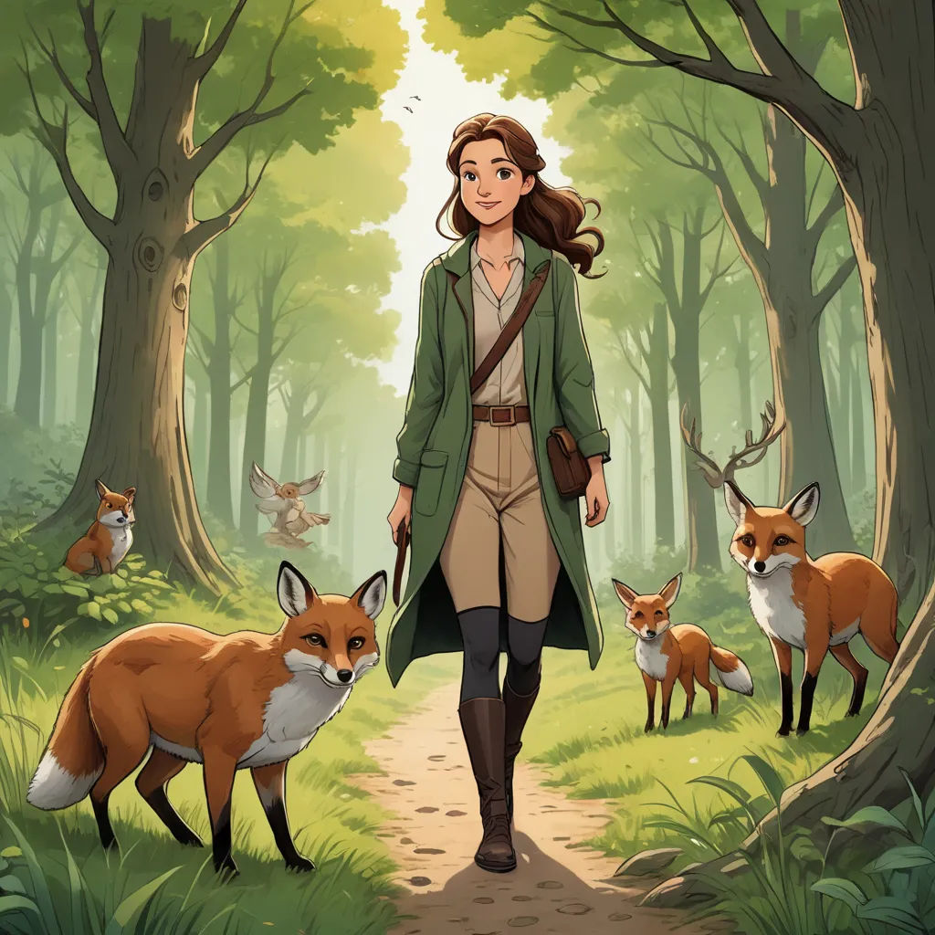a woman in a green coat is walking through a forest with foxes and a fox behind her, and a forest scene with a fox and a woman, furry art, a character portrait, Clarice Beckett, official art