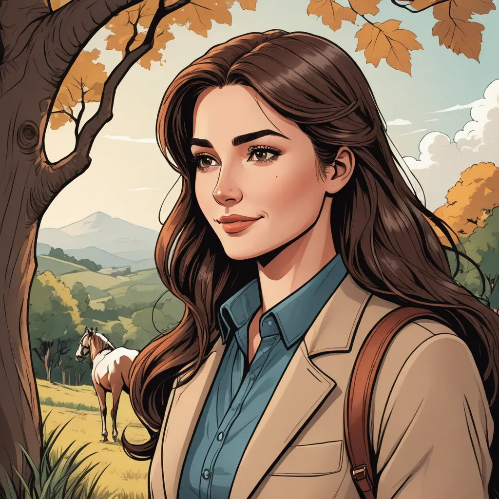 a woman with long hair standing in front of a tree and a horse in the background, with a sky background, process art, a comic book panel, Clarice Beckett, comic cover art