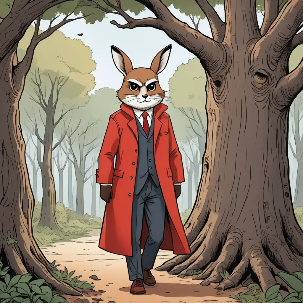 a man in a red coat and a fox mask walking through a forest with trees and leaves on either side of him, furry art, a storybook illustration, Colin Middleton, comic cover art