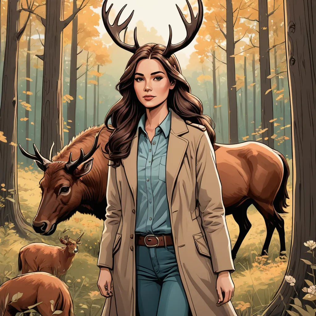 a woman in a coat standing in a forest with deer behind her and a deer behind her, with a full moon in the background, furry art, a comic book panel, Clarice Beckett, leesha hannigan