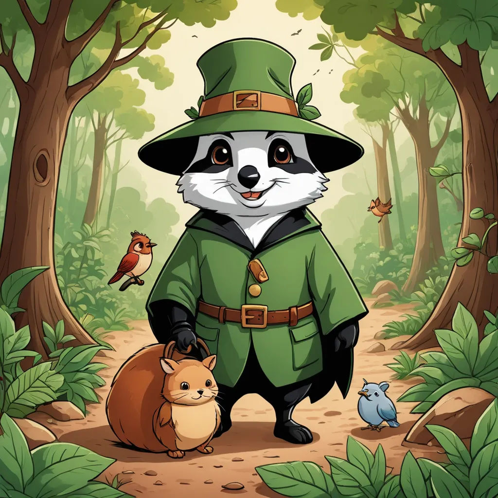 a raccoon dressed in a green outfit and a hat standing next to a squirrel in a forest, fantasy art, a storybook illustration, David Martin, game art