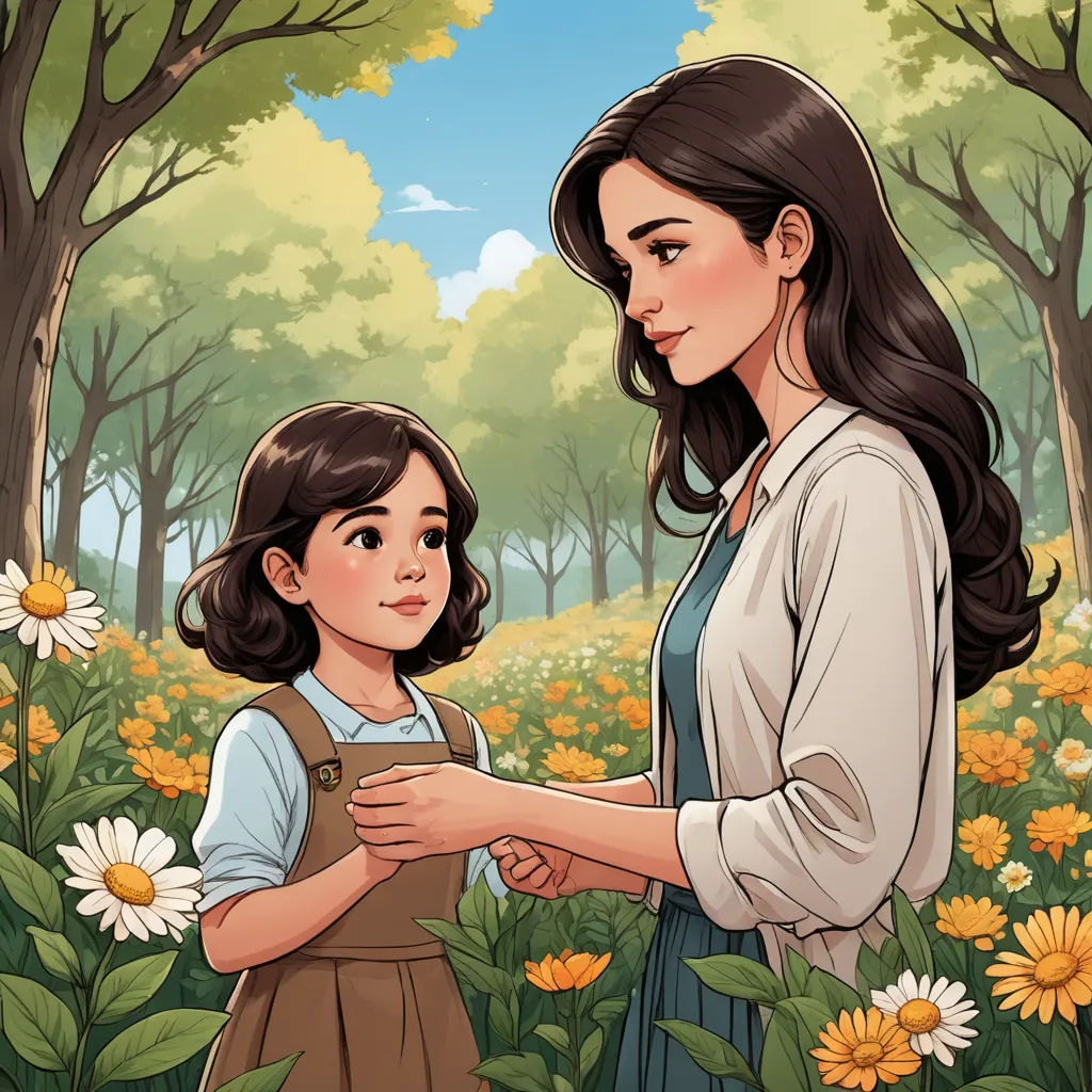 a woman and a girl standing in a field of flowers with trees in the background and a sky in the background, serial art, a storybook illustration, Anne Said, comic cover art