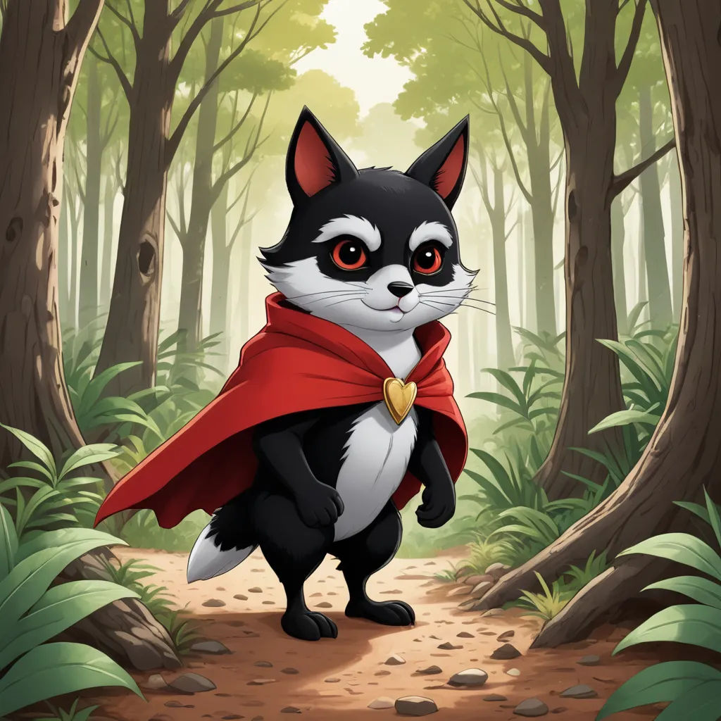 a cartoon cat dressed as a superhero in a forest with trees and rocks on the ground and a red cape on its chest, sots art, a character portrait, Cedric Seaut (Keos Masons), character portrait