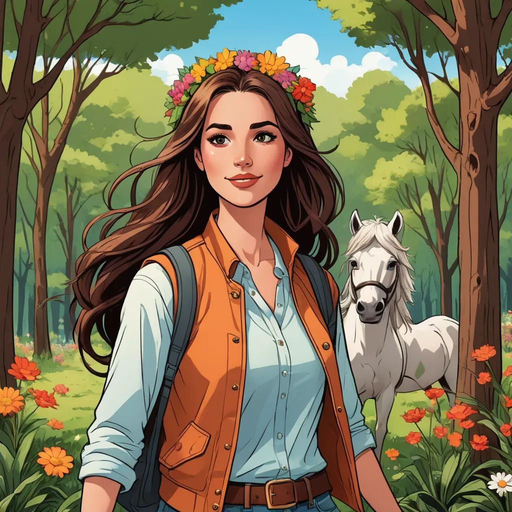a woman with a horse in a forest with flowers on her head and a vest on her shoulders, standing in front of a white horse, fantasy art, a character portrait, Evaline Ness, promotional image