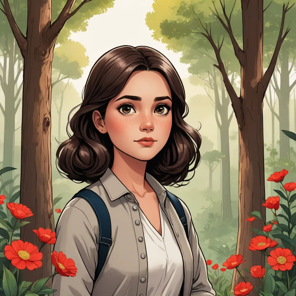 a woman standing in a forest with red flowers on the ground and trees in the background, with a backpack on her shoulder, sots art, a character portrait, Atey Ghailan, character portrait