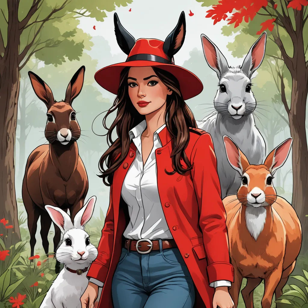 a woman in a red hat and some animals in a forest with trees and flowers on the background of the picture, furry art, poster art, Colin Middleton, comic cover art