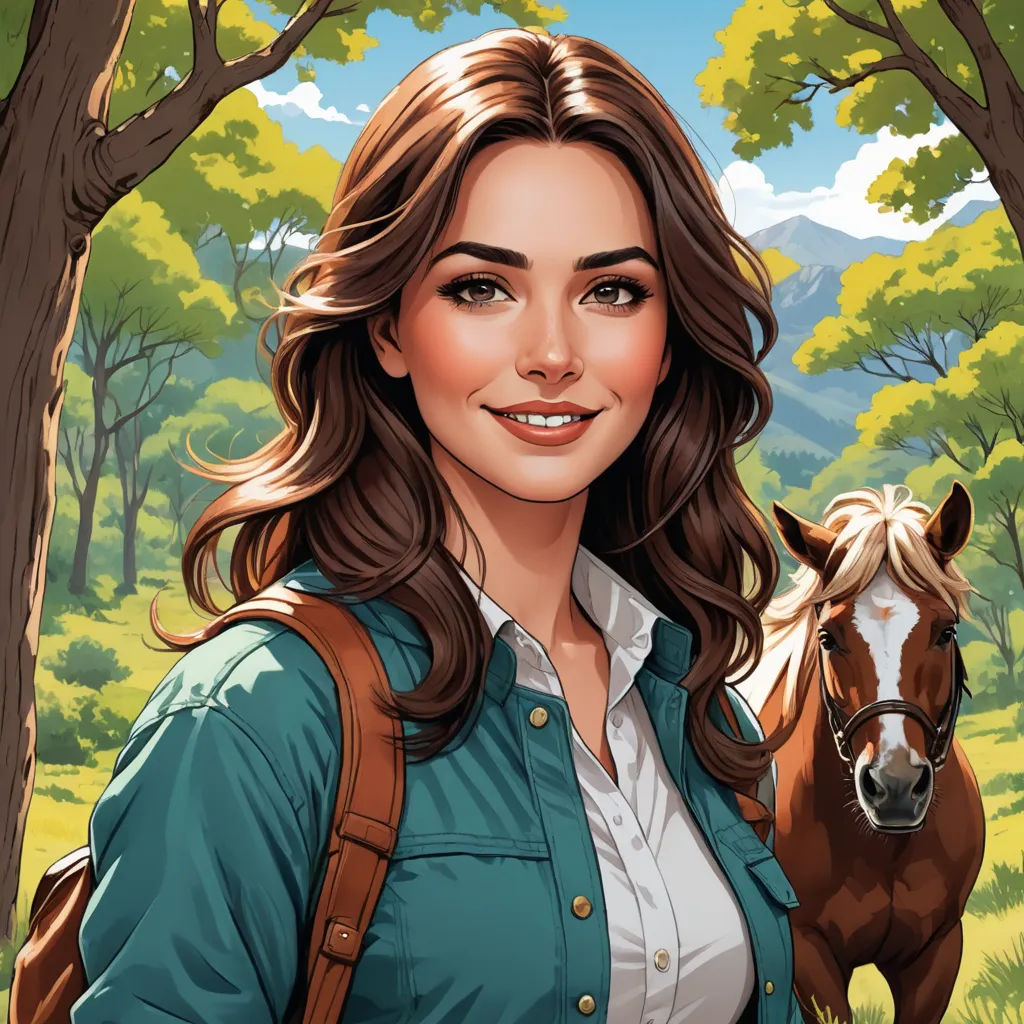 a woman with a horse in a forest with trees and grass in the background, and a mountain in the background, american scene painting, a character portrait, Dan Mumford, high detail illustration
