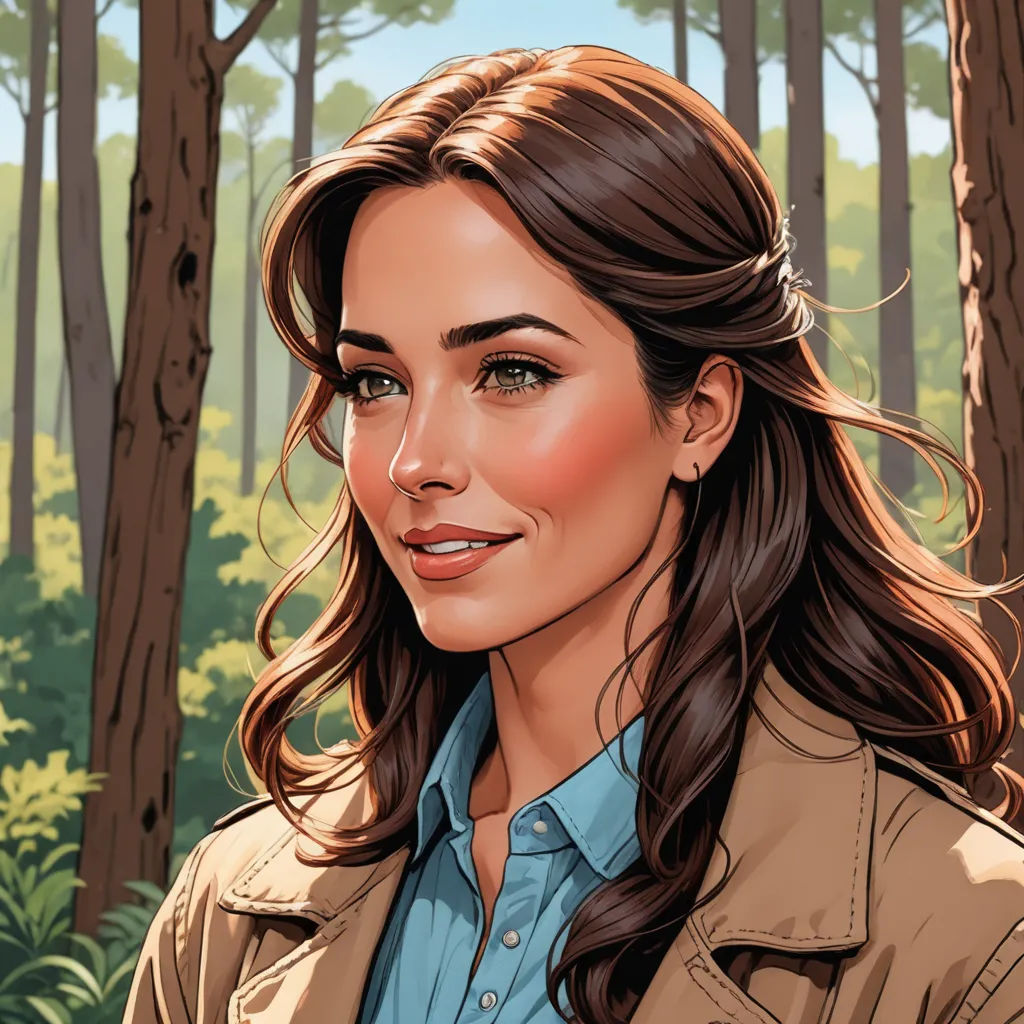 a woman in a brown jacket standing in a forest with trees and bushes behind her, with a blue shirt on, figurative art, a character portrait, Dan Mumford, high detail illustration