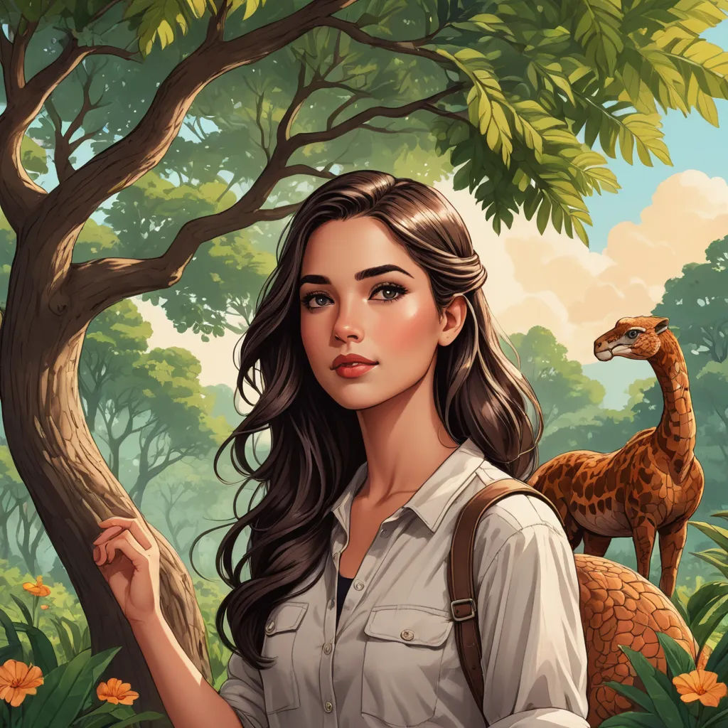 a woman holding a giraffe in a forest with trees and flowers in the background and a giraffe in the foreground, fantasy art, a character portrait, Chris LaBrooy, high detail illustration