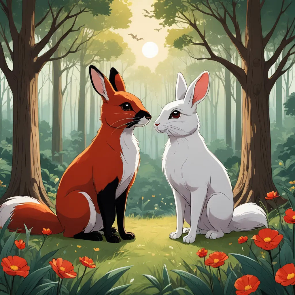 a couple of animals that are sitting in the grass together in the woods with flowers around them and trees, furry art, a storybook illustration, Bálint Kiss, rossdraws global illumination