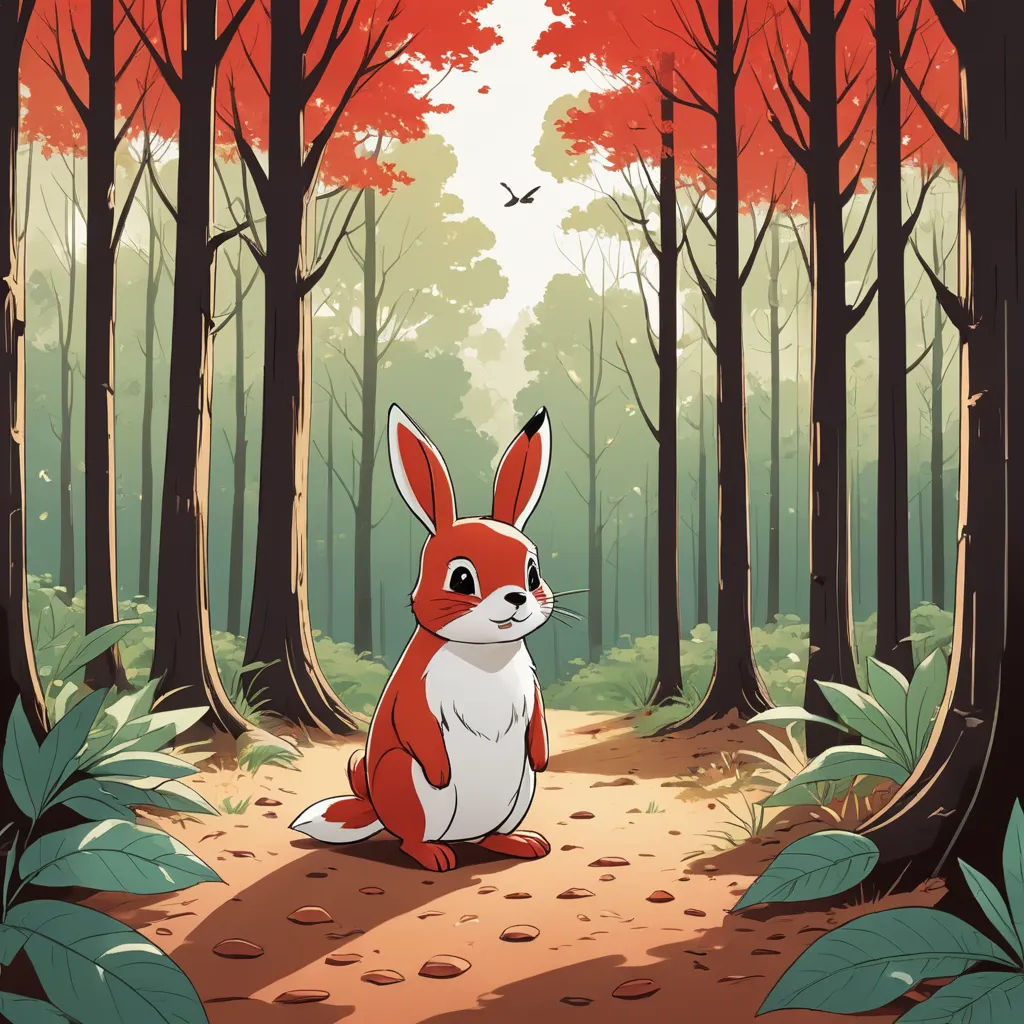 a red and white rabbit sitting in the middle of a forest with trees and leaves on the ground and a bird flying overhead, furry art, a storybook illustration, Anton Fadeev, storybook illustration