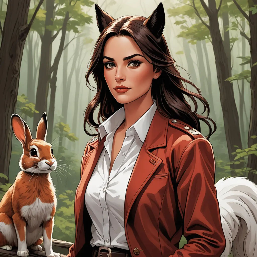 a woman in a red jacket standing next to a brown and white rabbit in a forest with trees and bushes, furry art, a character portrait, Artgerm, comic cover art