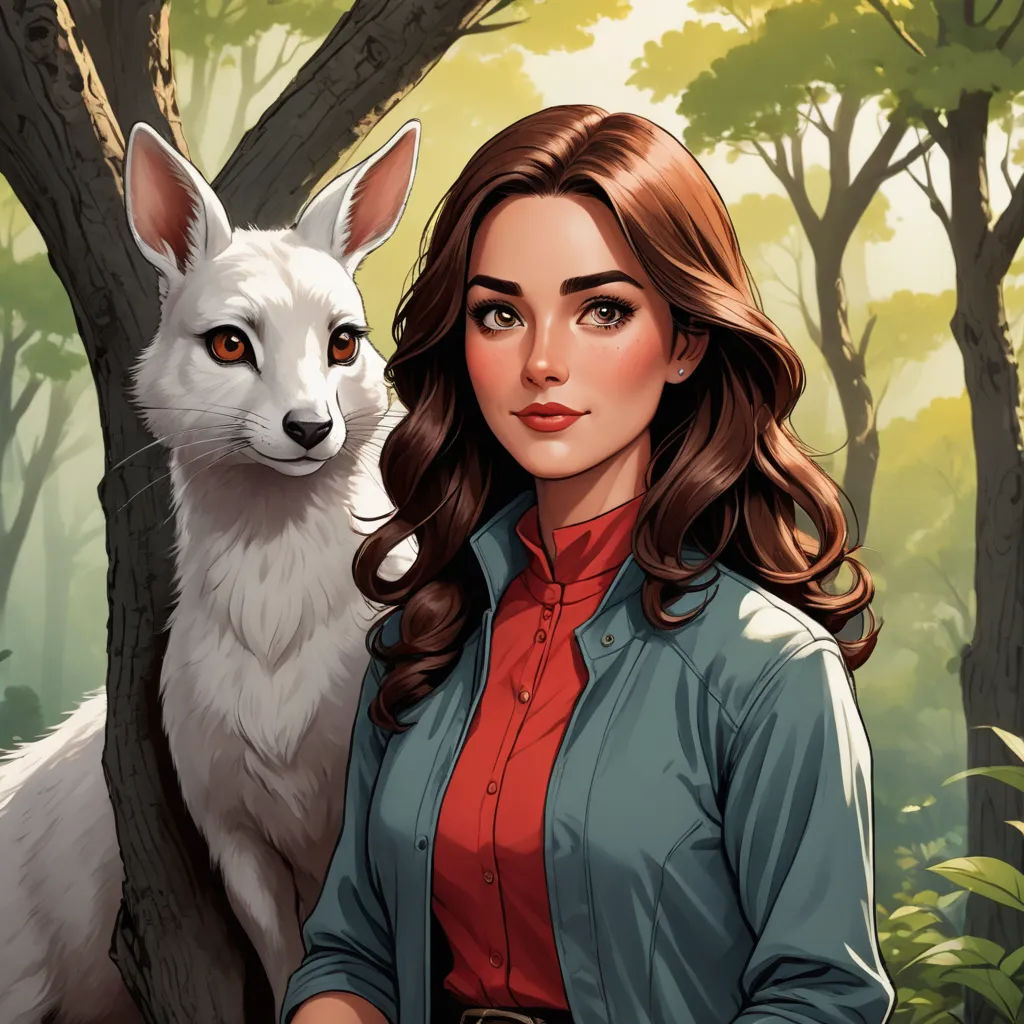 a woman standing next to a white wolf in a forest with trees and bushes behind her, with a red shirt on, furry art, a character portrait, Charlie Bowater, comic cover art