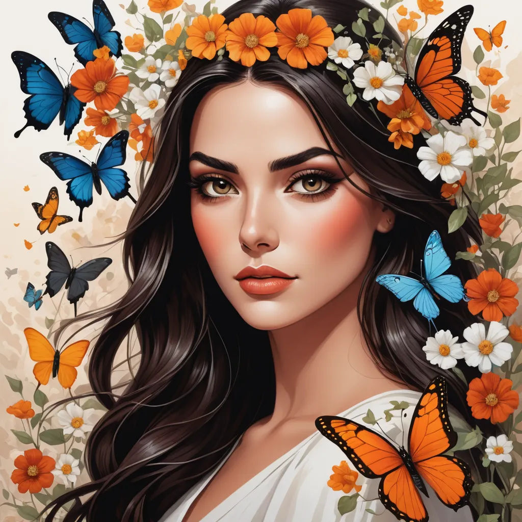 a woman with butterflies around her head and a wreath of flowers in her hair, with a butterfly in her hair, fantasy art, a detailed painting, Charlie Bowater, highly detailed digital painting