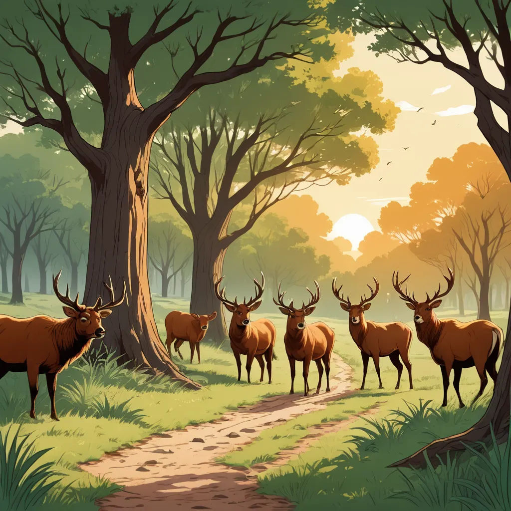 a group of deer standing in a forest next to a tree and a dirt road with a trail leading through it, environmental art, a storybook illustration, Dan Mumford, rossdraws global illumination
