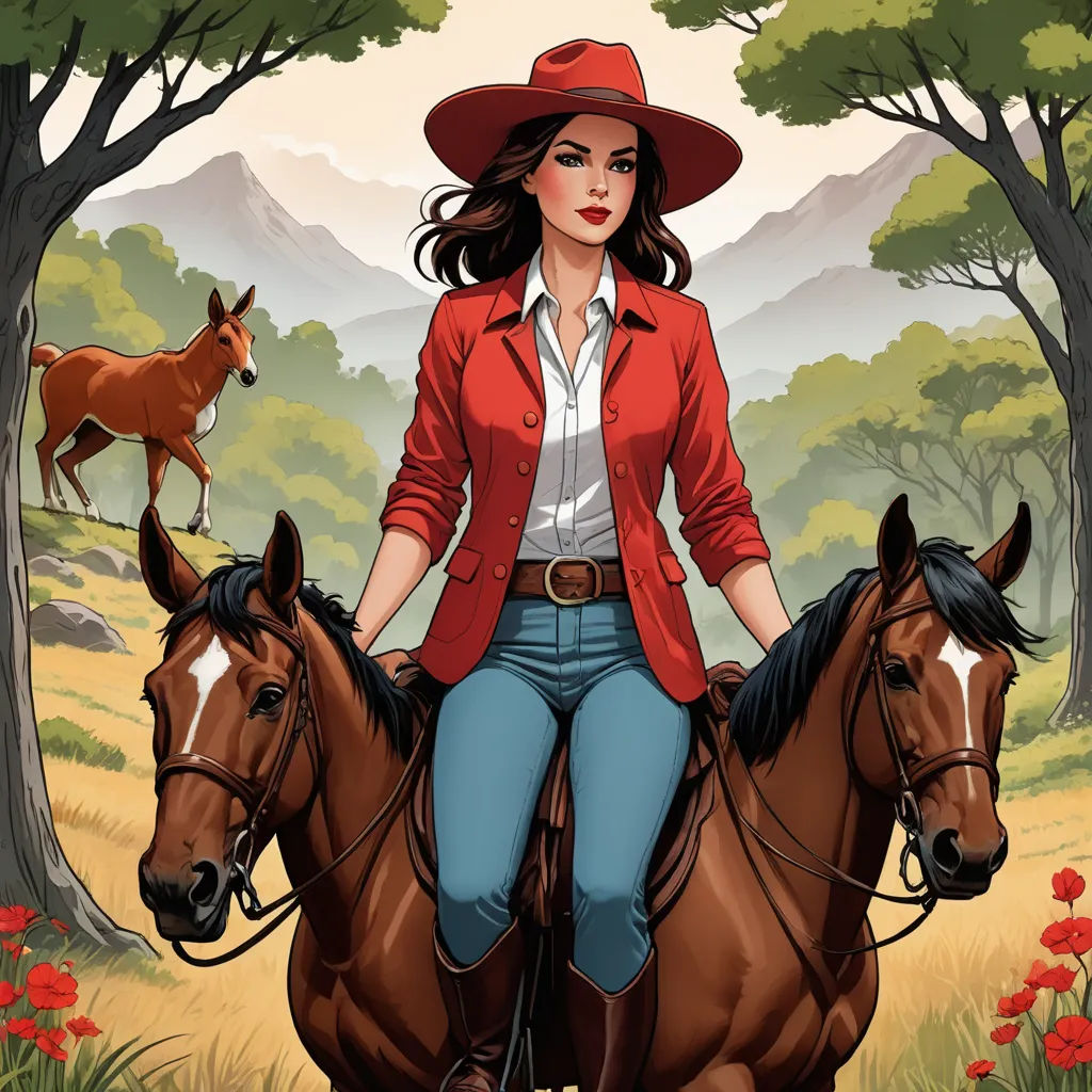 a woman in a red jacket and hat riding a horse in a field with a horse and a dog, american scene painting, a comic book panel, Edwin Georgi, western comic book art