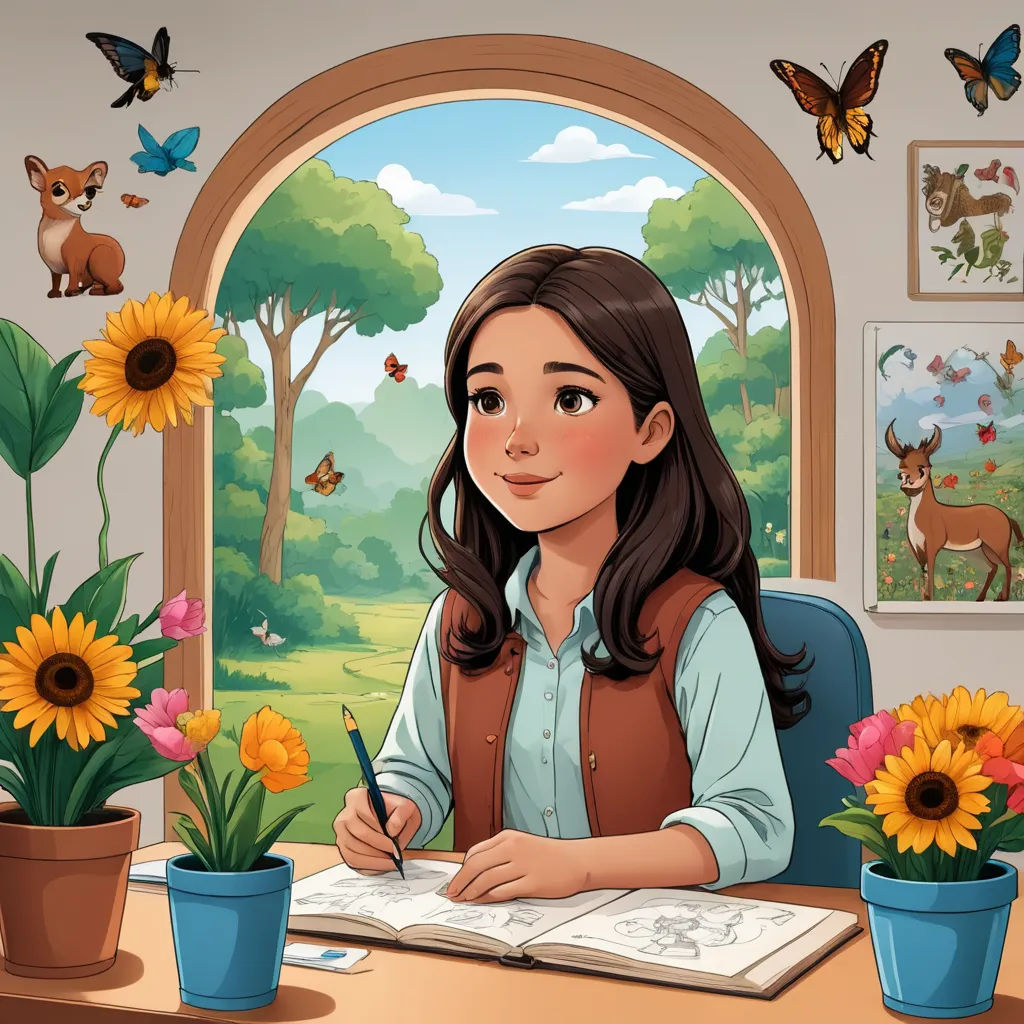 a girl is sitting at a desk with a book and flowers in front of her and a window with a deer, naturalism, a storybook illustration, artist, storybook illustration