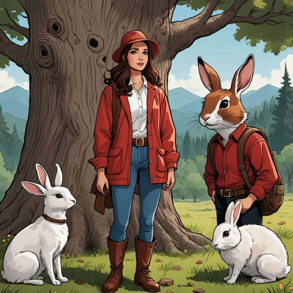a woman standing next to two rabbits in a forest with a tree in the background and a man standing next to her, furry art, a storybook illustration, F Scott Hess, key art