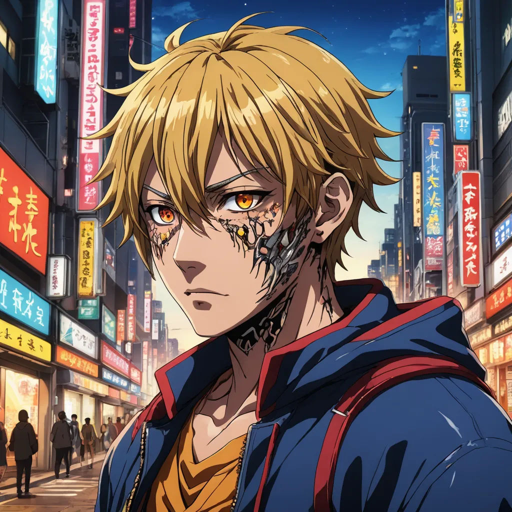 a man with a bloody face and a bloody face on his face in a city street at night with neon signs, plasticien, cyberpunk art, Ai-Mitsu, anime key visual
