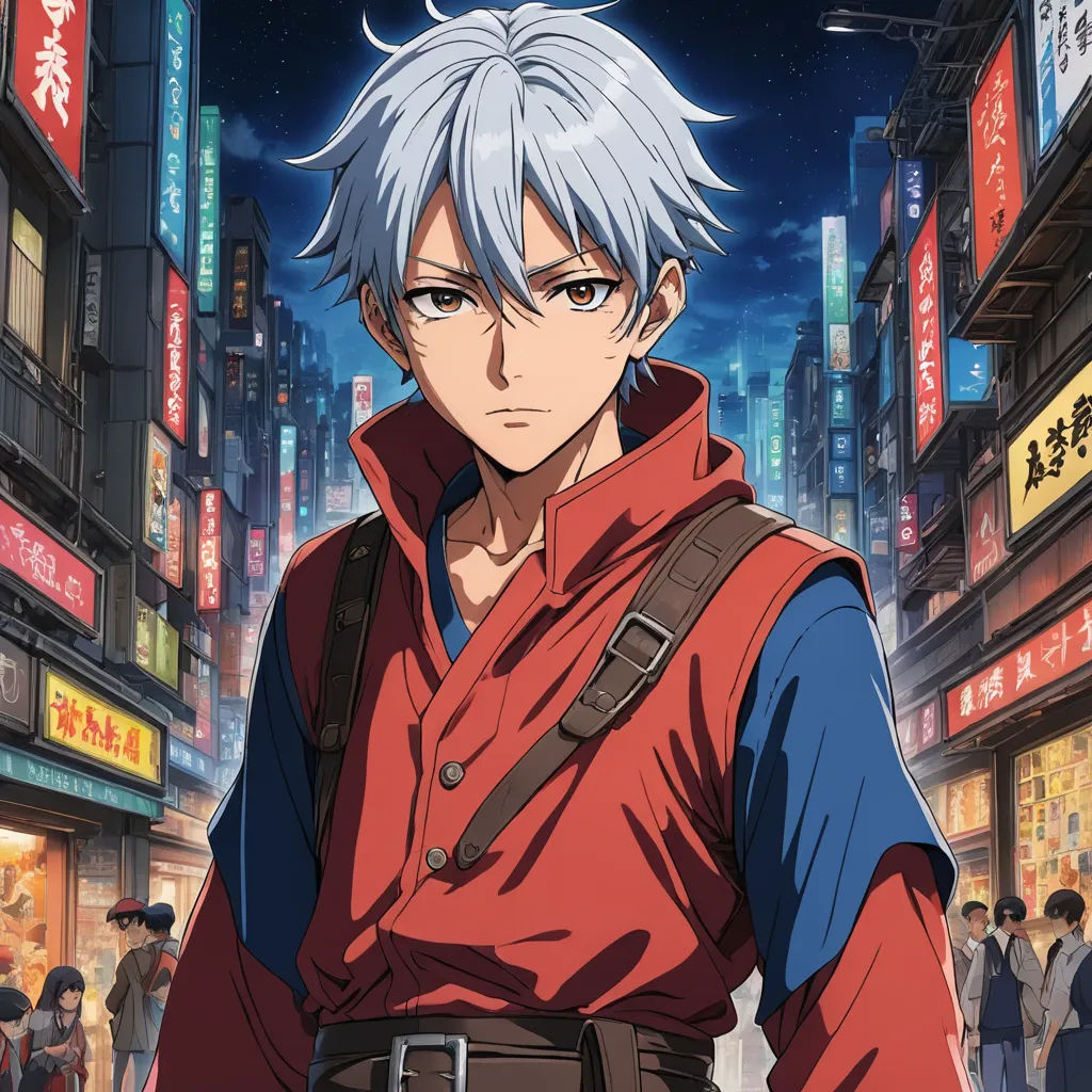 a man with white hair and a red shirt is standing in a city street at night with people walking around, rayonism, poster art, Ai-Mitsu, anime key visual