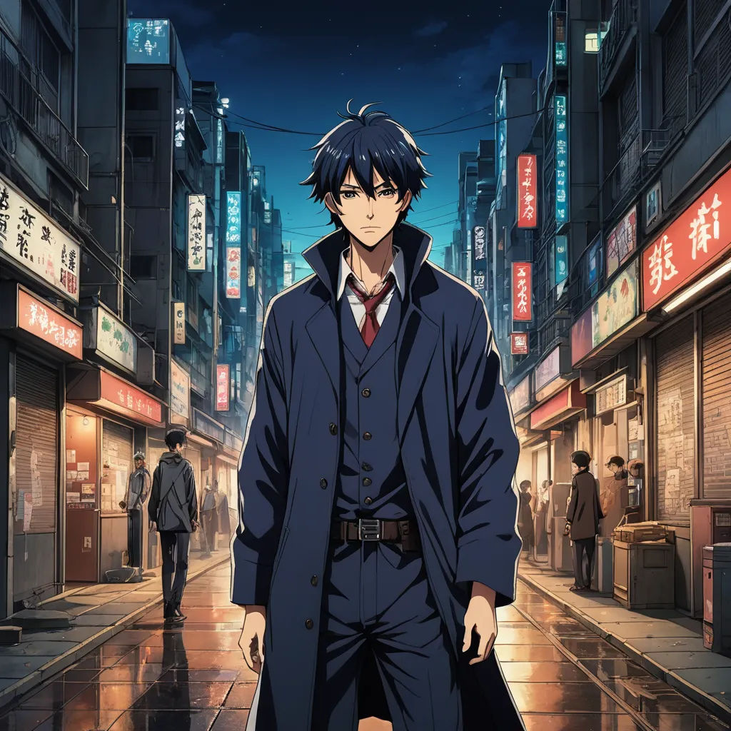 a man in a suit and tie standing on a city street at night with a man in a suit and tie walking down the street, rayonism, a character portrait, Aguri Uchida, anime key visual