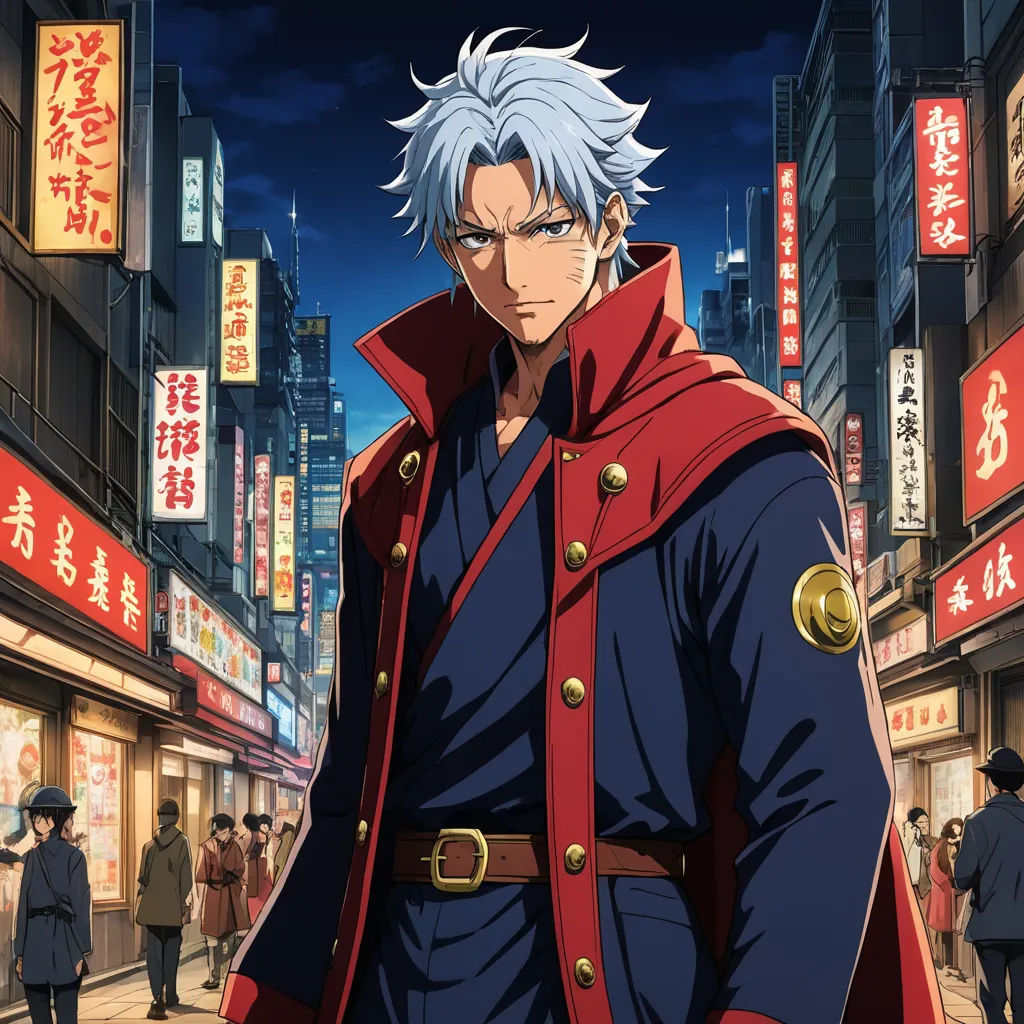 a man in a red coat is standing in a city street at night with people walking around him and buildings in the background, rayonism, poster art, Baiōken Eishun, anime key visual