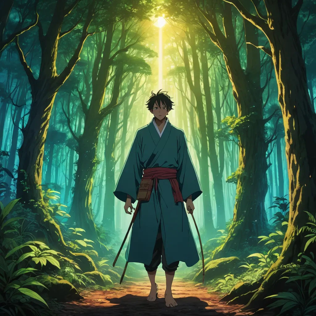 a man in a kimono standing in a forest with a sword in his hand and a light shining through the trees, rayonism, poster art, Baiōken Eishun, ufotable
