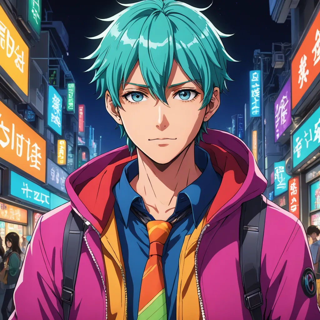 a man with green hair and a tie in a city at night with neon signs and signs in the background, toyism, a character portrait, Cedric Seaut (Keos Masons), rossdraws global illumination