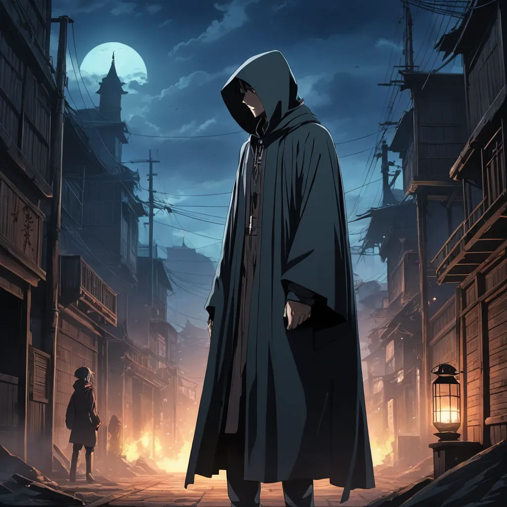 a man in a hooded coat standing in a street at night with a lantern in the background and a full moon in the sky, rayonism, poster art, Cedric Seaut (Keos Masons), ufotable