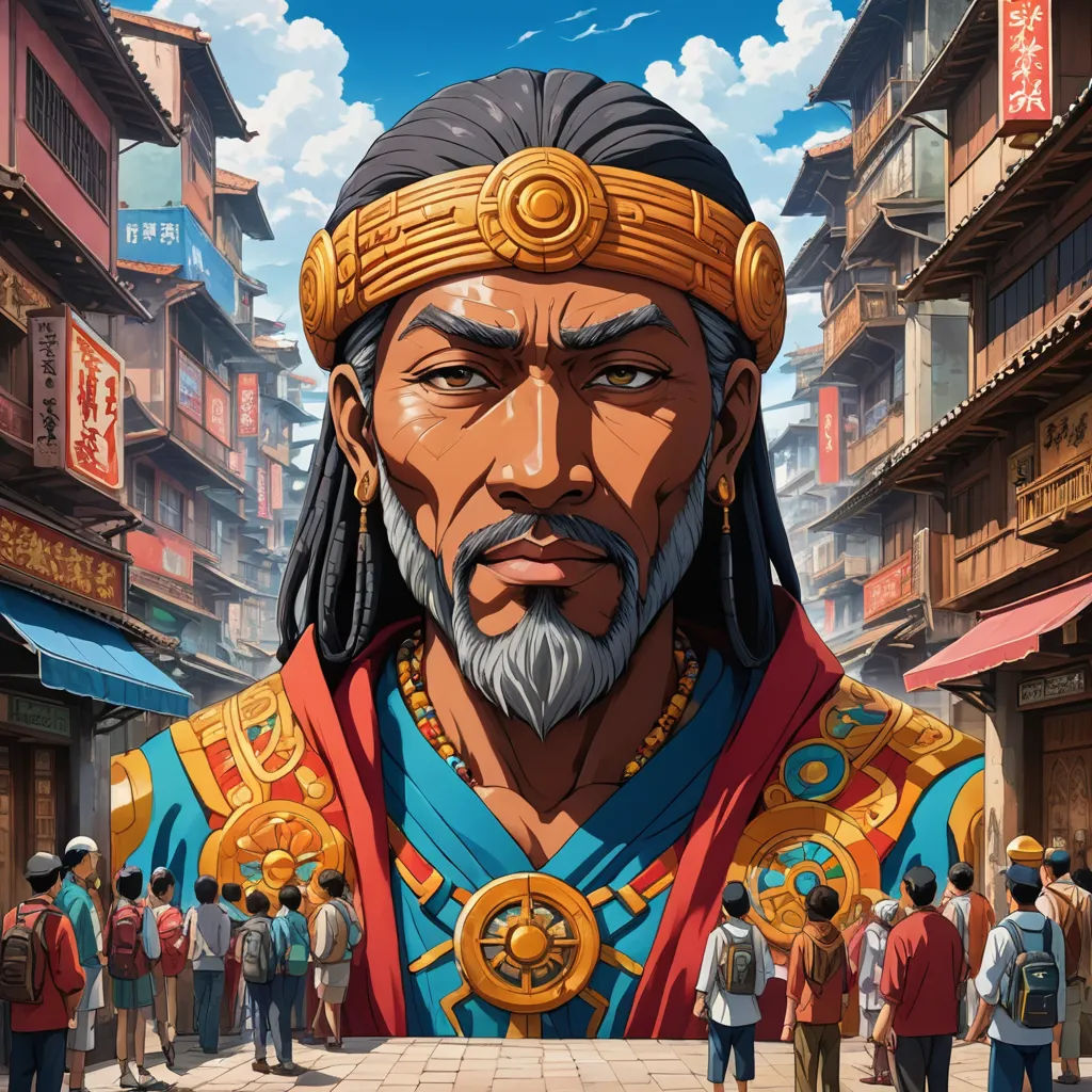 a man with a beard and a gold headdress in a city street with people standing around him, afrofuturism, a character portrait, Emperor Huizong of Song, trending on art station