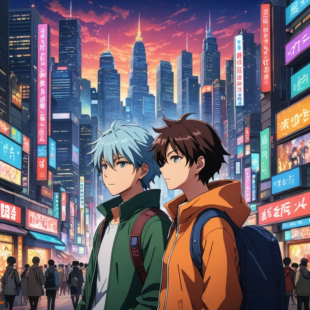 two people standing in front of a city at night with neon lights and buildings in the background, with a cityscape in the background, rayonism, poster art, Ai-Mitsu, anime key visual