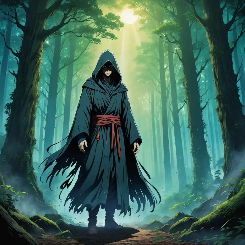 a man in a hooded robe walking through a forest with a light shining through the trees on his head, rayonism, concept art, Cedric Seaut (Keos Masons), ufotable