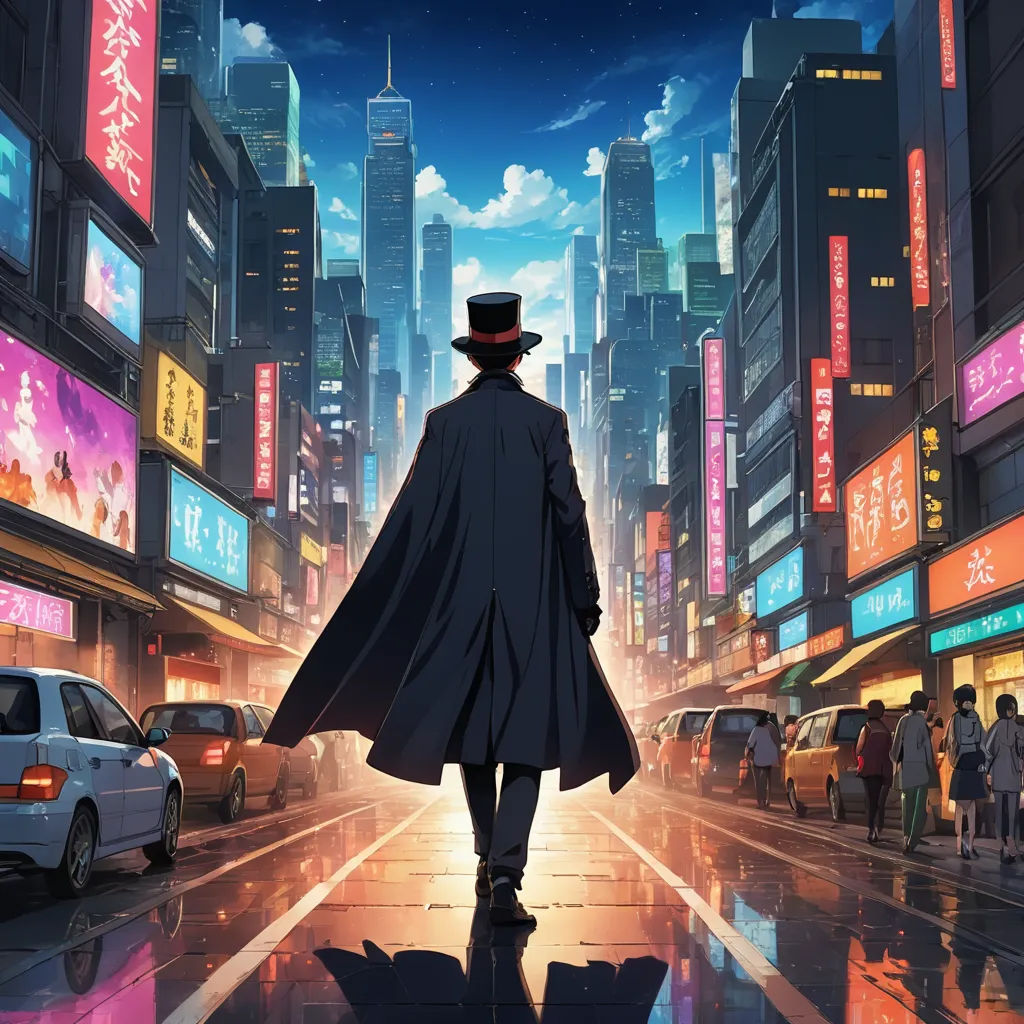 a man in a hat and coat walking down a street in a city at night with neon signs and buildings, rayonism, a matte painting, Chris LaBrooy, anime key visual