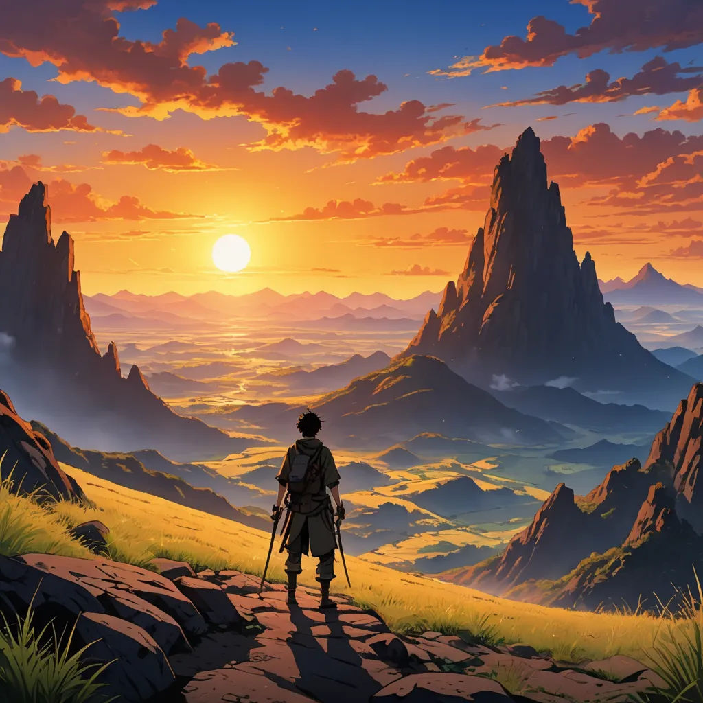a man standing on a hill looking at the sunset with a backpack on his back and a backpack on his shoulder, fantasy art, a detailed matte painting, Christophe Vacher, anime key visual