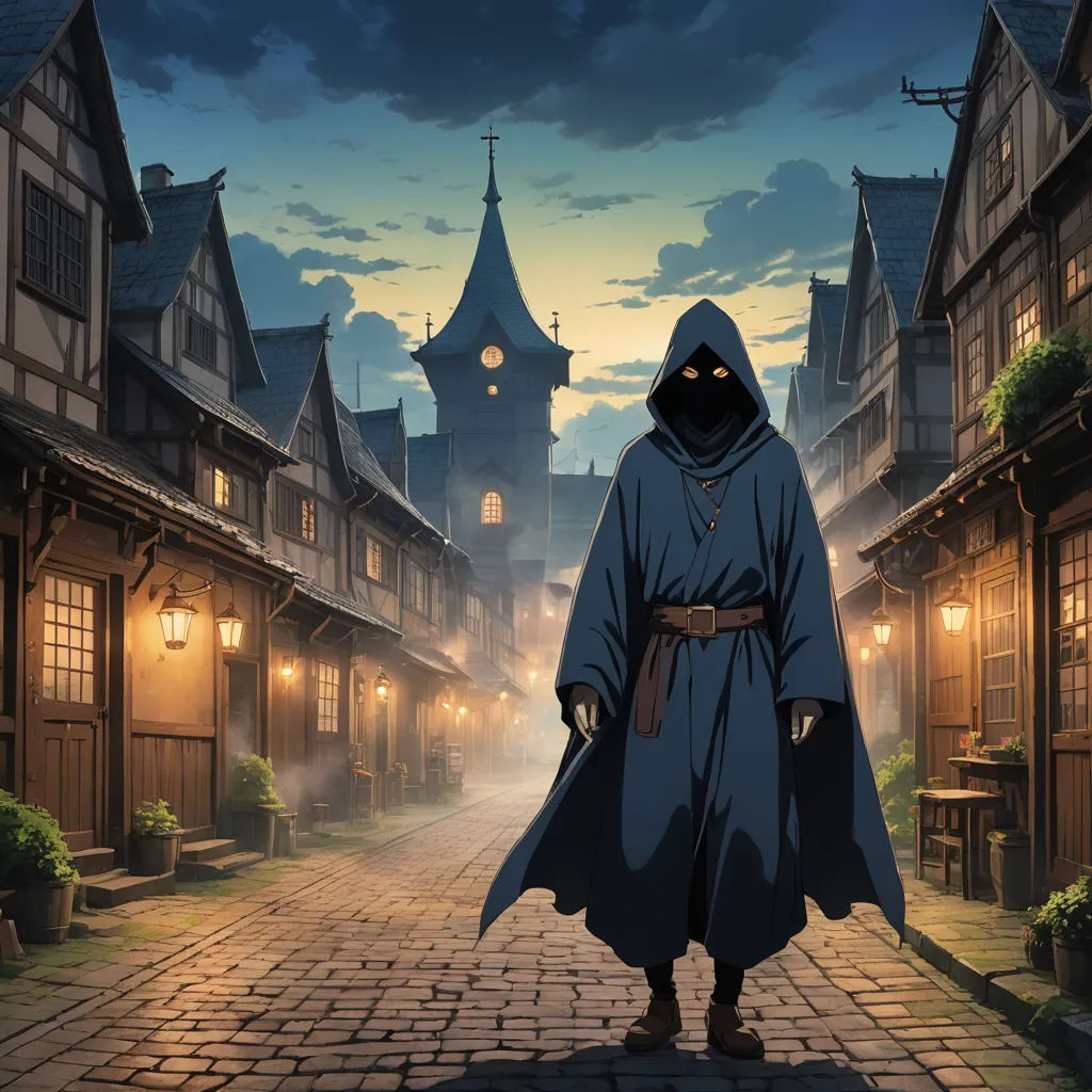 a man in a hooded robe walking down a street at night with a clock tower in the background and a full moon in the sky, rayonism, concept art, Cedric Seaut (Keos Masons), anime key visual