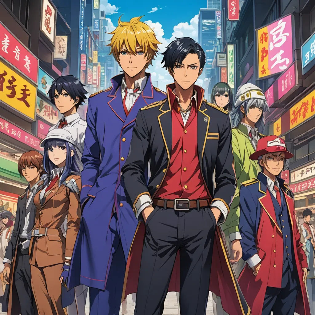 a group of people standing in front of a city street with buildings in the background and a man in a red shirt and a woman in a blue coat, rayonism, a poster, Baiōken Eishun, anime key visual