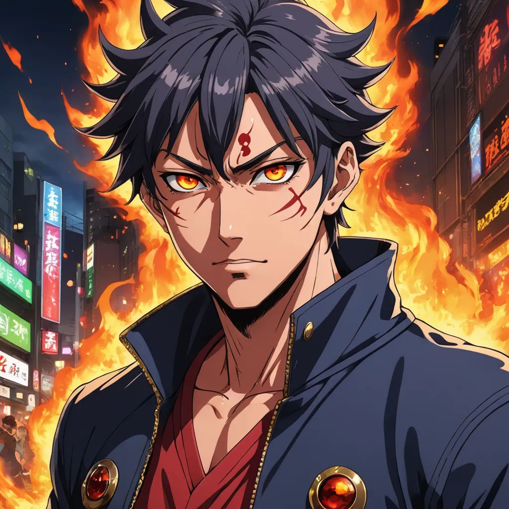 a man with a black hair and red eyes in front of a fire filled cityscape with buildings, rayonism, a character portrait, Baiōken Eishun, anime key visual