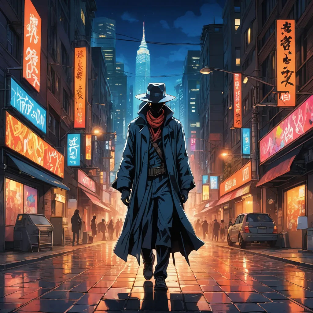 a man in a trench coat and hat walking down a street at night with neon signs on the buildings, cobra, poster art, Dan Mumford, western comic book art