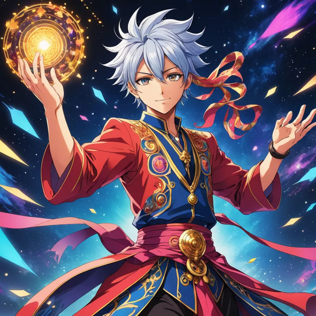 a man in a red and blue outfit holding a ball in his hand with a blue hair and a red cape on his head, rayonism, concept art, Ai-Mitsu, official art