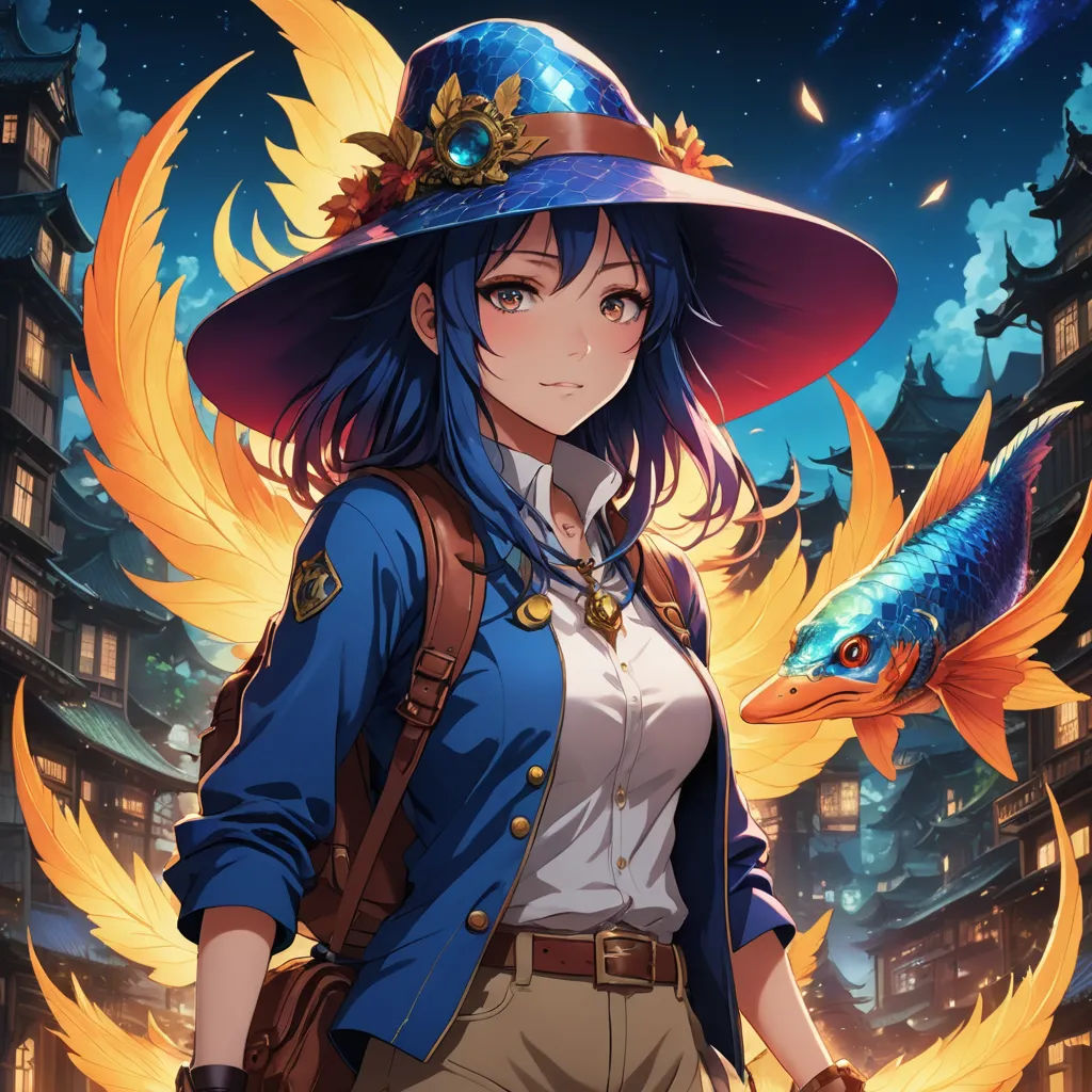 a woman in a hat and a fish in her hand in front of a cityscape at night, fantasy art, a character portrait, Chizuko Yoshida, official art