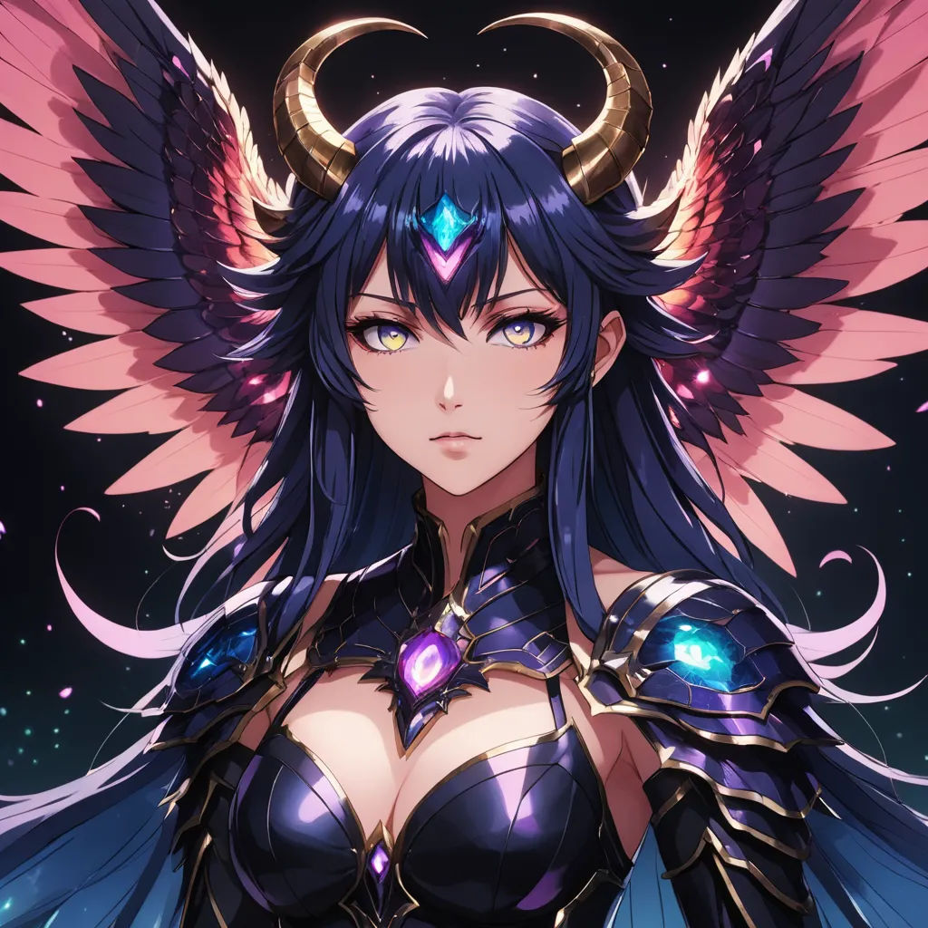 a woman with blue hair and wings on her chest and chest, with a pink background and stars in the background, fantasy art, a character portrait, Artgerm, rossdraws global illumination