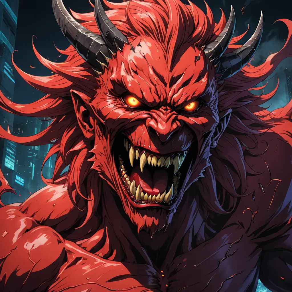 a demonic looking demon with red hair and big eyes in a city at night with buildings and lights in the background, furry art, a comic book panel, Eddie Mendoza, comic cover art