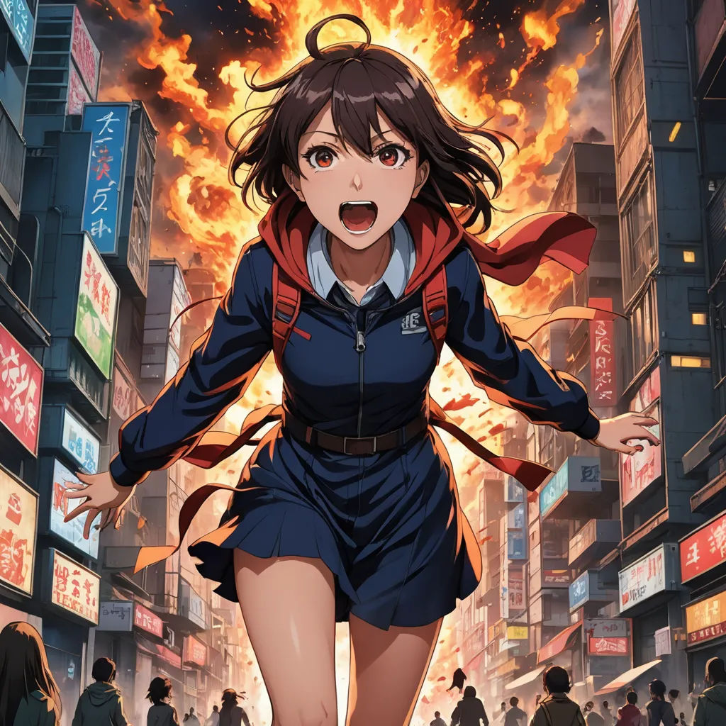 a woman in a school uniform is running through a city street with a fire in the background and a bunch of people walking around, shock art, poster art, Aya Goda, anime key visual
