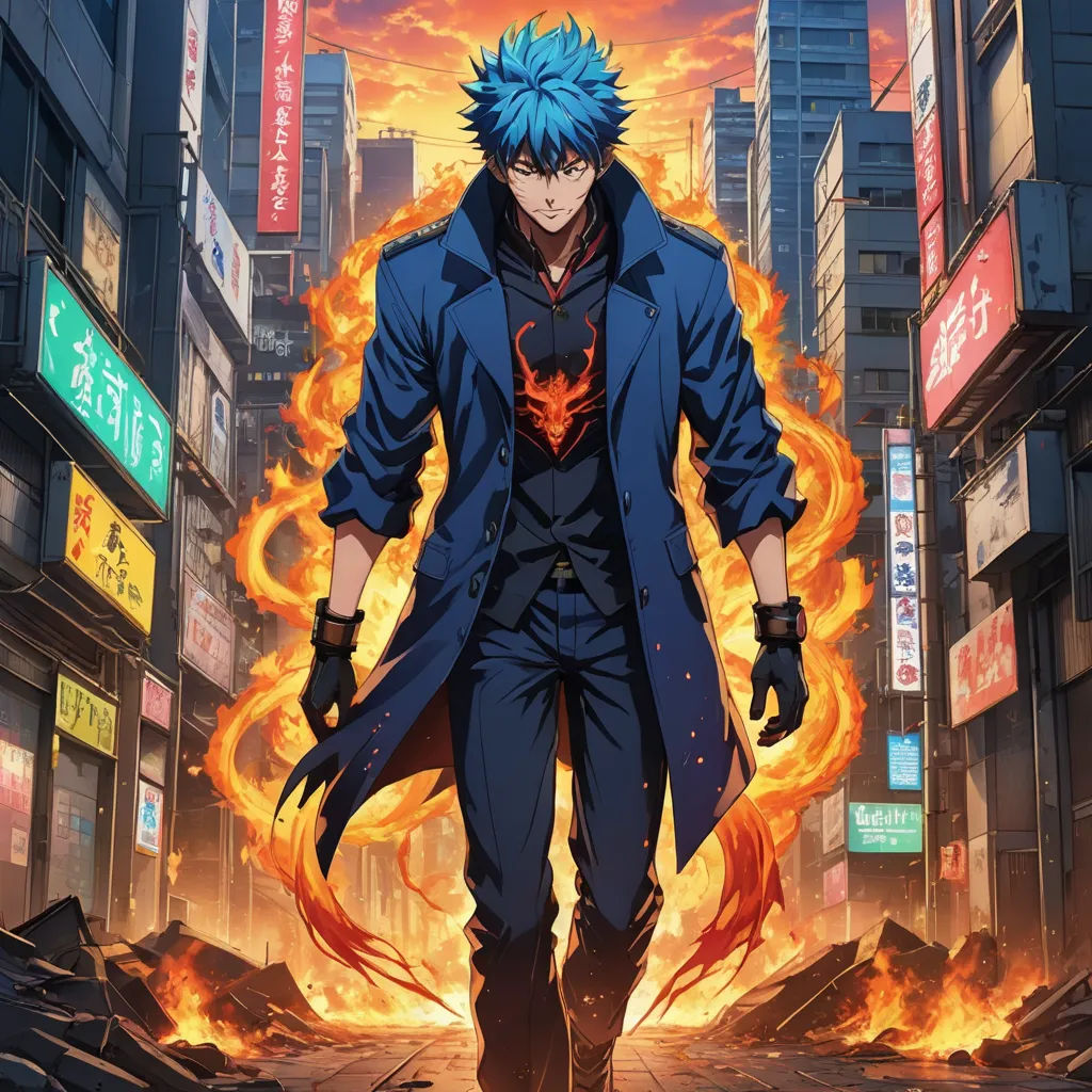 a man with blue hair and a blue coat is walking through a city street with flames in the air, rayonism, poster art, Eizan Kikukawa, anime key visual