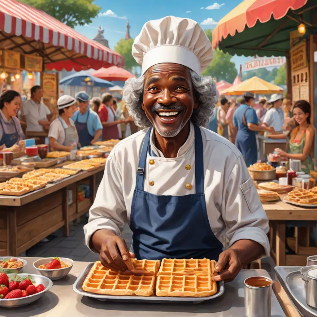 a man in a chef's hat is holding a waffle on a table with strawberries and other food, fantastic realism, a storybook illustration, Bob Byerley, highly detailed digital painting