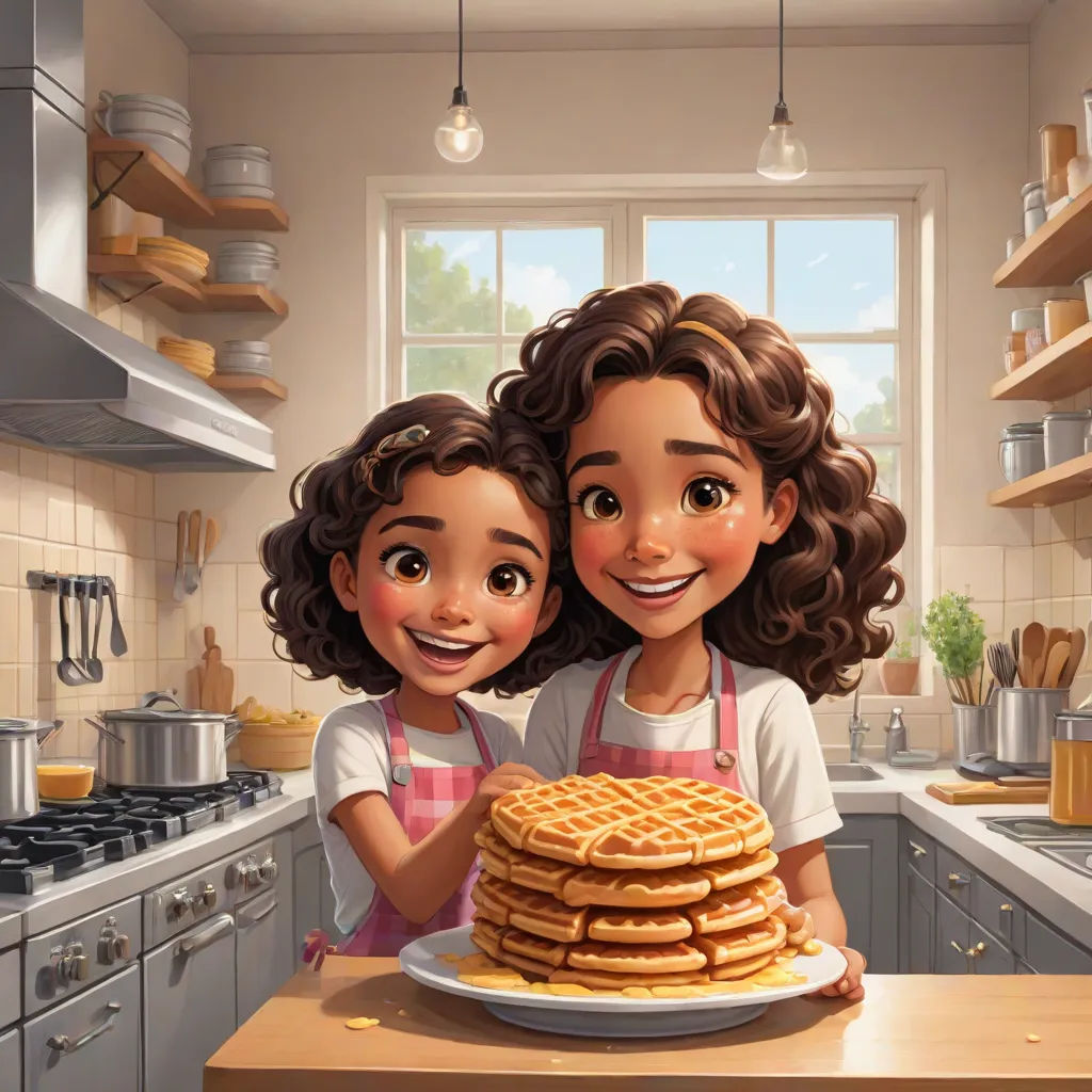 a couple of people standing in a kitchen next to a stack of pancakes on a plate on a counter, photorealism, a storybook illustration, Chris LaBrooy, official art