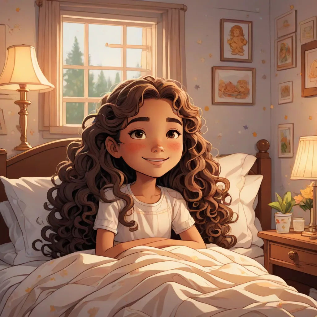 a girl sitting on a bed with a white shirt on and a lamp on the side of the bed, magical realism, a storybook illustration, Cliff Childs, storybook illustration